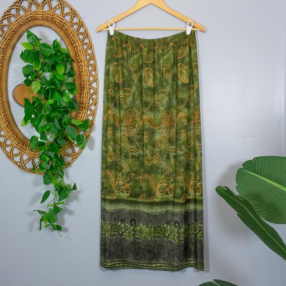 Vtg Fairycore Maxi Skirt Olive Gold Leaf Print Flowy Crinkle Whimsy Dark Autumn - Picture 1 of 8